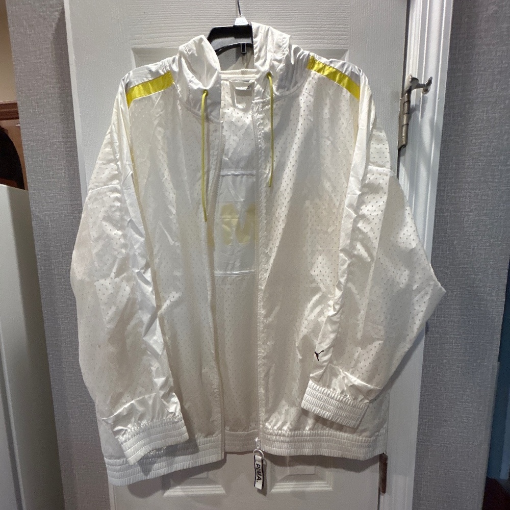 PUMA Womens Athletic Jacket White with Yellow Loose fit Size Large